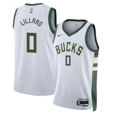 Men's Milwaukee Bucks #0 Damian Lillard White Association Edition Stitched Basketball Jersey