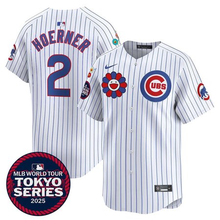 Men's Chicago Cubs #2 Nico Hoerner White Tokyo 2025 Cool Base Stitched Baseball Jersey