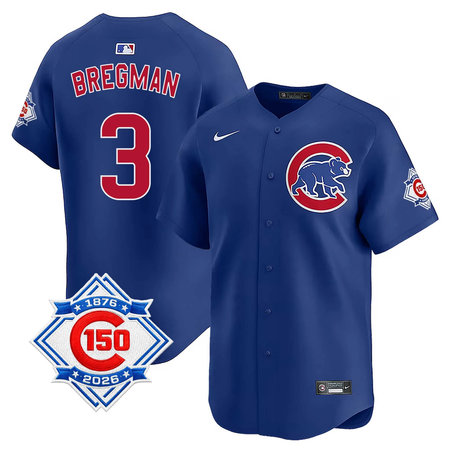 Men's Chicago Cubs #3 Alex Bregman Royal Nike Alternate Vapor Limited 150th Anniversary Authentic Lettering Jersey