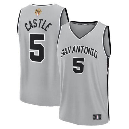 Men's San Antonio Spurs #5 Stephon Castle Silver 2026 NBA Finals Patch Fast Break Statement Edition Jersey