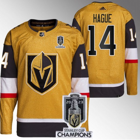 Men's Vegas Golden Knights #14 Nicolas Hague Gold 2023 Stanley Cup Champions Stitched Jersey